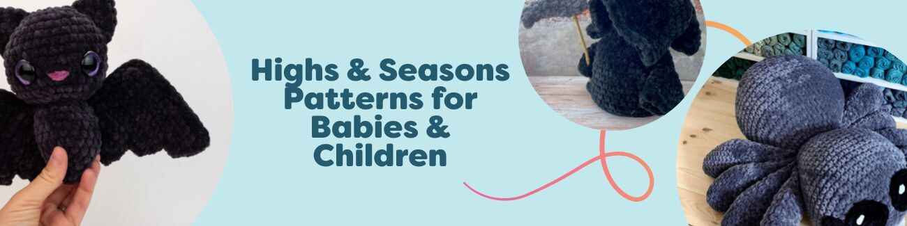 Hobbii seasonal patterns for babies and children: bright spring cardigan, cozy autumn beanie and scarf, and a playful bat amigurumi made with soft yarns.