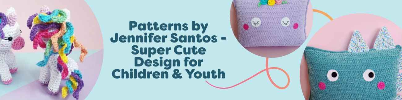 Colorful children’s crochet patterns by Jennifer Santos on Hobbii, featuring cute animal pillows and amigurumi toys.