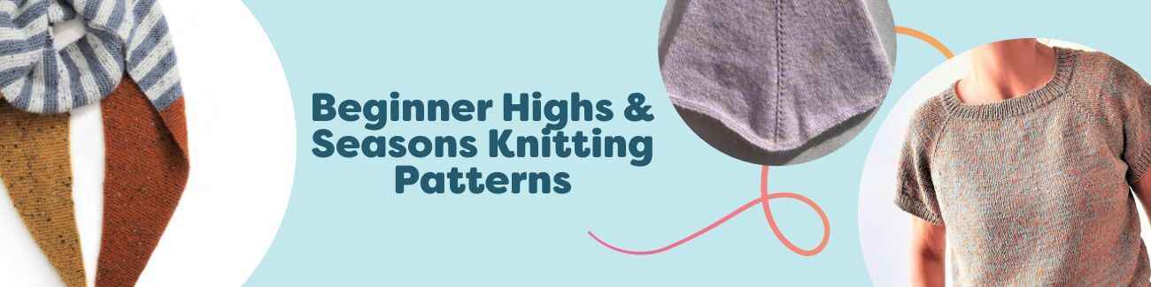 A selection of beginner-friendly seasonal knitting patterns from Hobbii, including scarves, snoods, a children's poncho, and a lightweight summer tee.