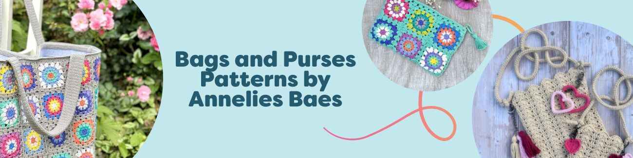 Crochet bag and purse patterns by Annelies Baes with Hobbii yarns—intermediate-friendly designs: totes, pouches, clutches.