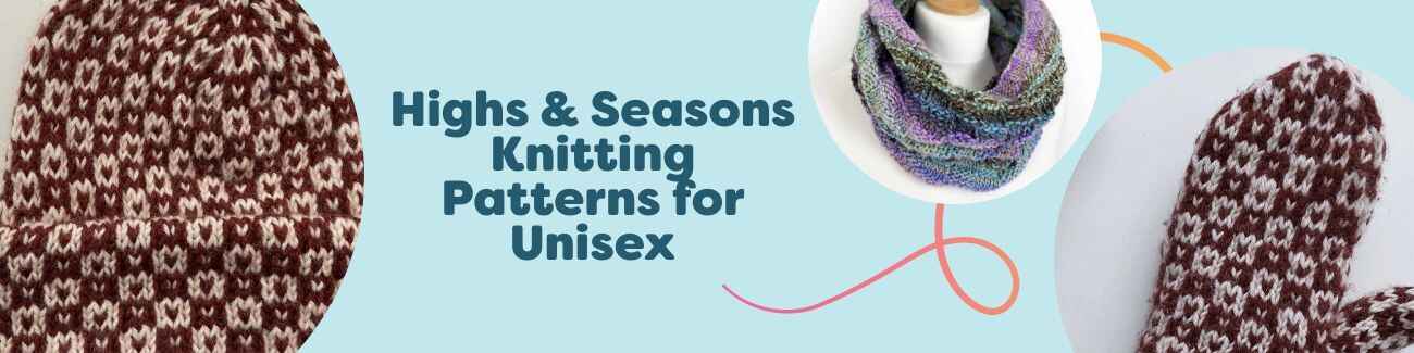 Highs & Seasons unisex knitting patterns by Hobbii - beanies, hats, snoods, and mittens modeled by men and women in cozy seasonal yarns.