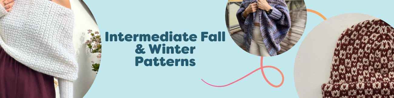 Intermediate fall and winter knitting and crochet patterns by Hobbii, featuring beanies, a shawl, a cocoon cardigan, and a color-block sweater.