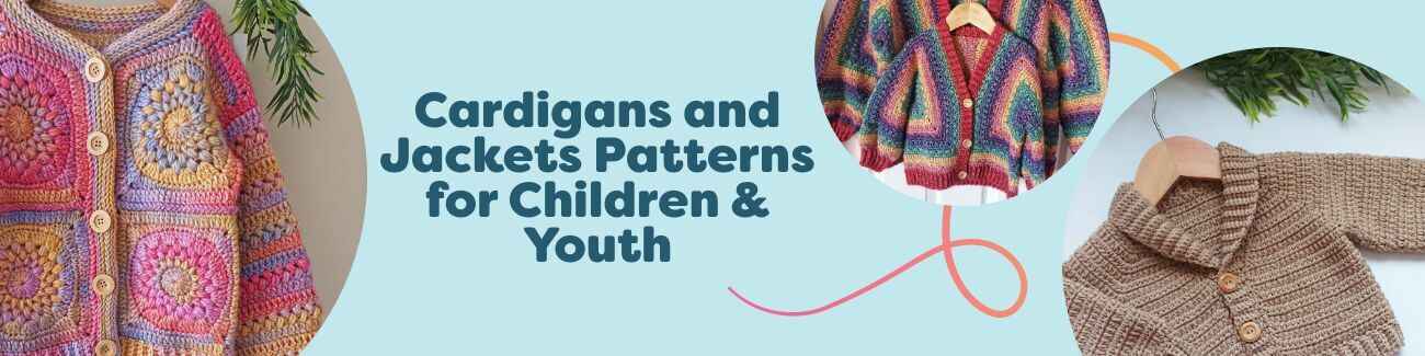 Children’s and youth cardigans and jackets in knit and crochet—hexagon, herringbone, and grandpa styles—made with soft Hobbii yarns.