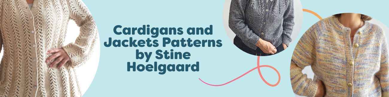 Collage of Stine Hoelgaard cardigan and jacket patterns from Hobbii, featuring Japandy, Valdis, Hyggeprint, and Audrey designs.