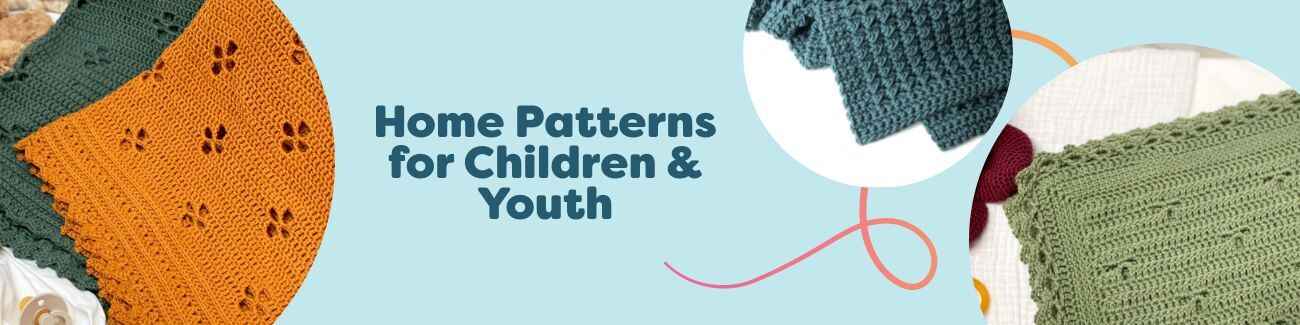Collection image showing kids blankets, pillows, and a candy cane plushie in bright colors, representing crochet and knit home patterns by Hobbii.