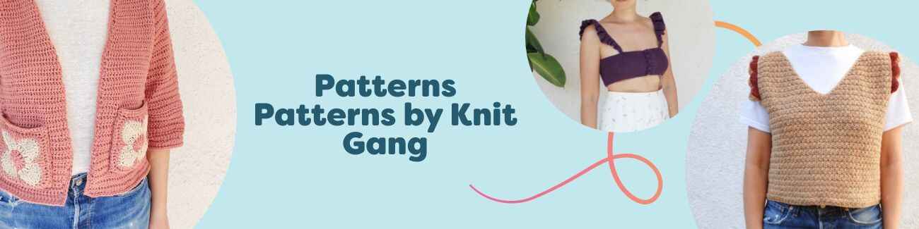 Models wearing Knit Gang knitting and crochet designs from Hobbii—cardigan, top, vest, bralette, and mini dress—grouped as a pattern collection.