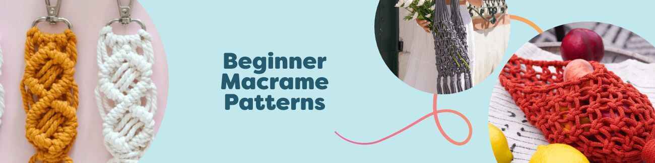 Free Beginner Macrame Patterns collection at Hobbii showing a key hanger, market tote bag, and fruit net made with cotton cord in neutral tones.