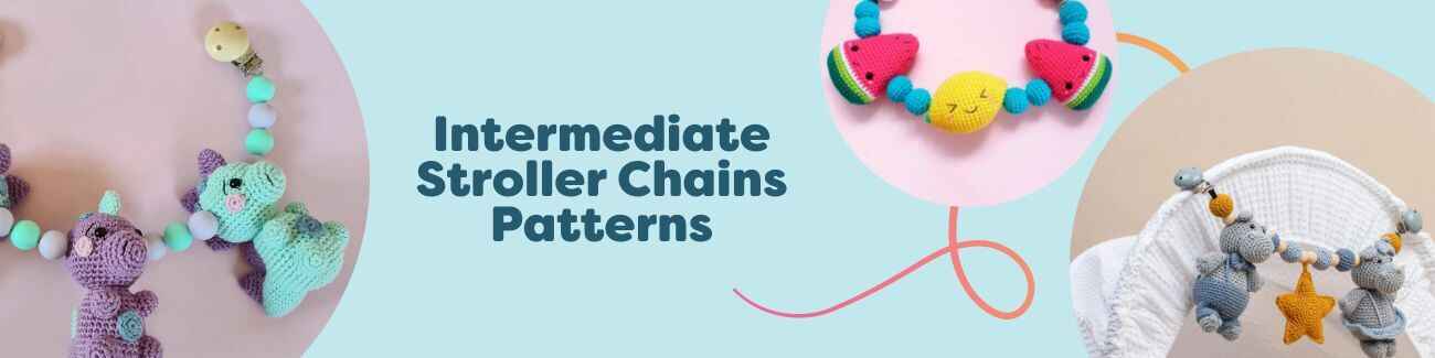 Collection featuring five Hobbii intermediate crochet patterns for stroller/pram chains: Dino, Kawaii Fruit, Kawaii Strawberry, Elefant, and Hollie & Herman.