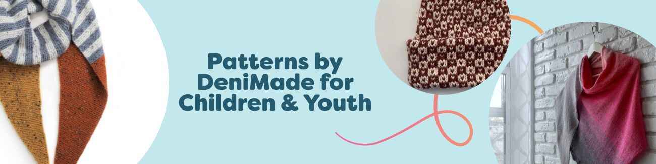 Children and teens wearing DeniMade crochet beanies, scarves, shawls, and bags made with soft Hobbii yarn.