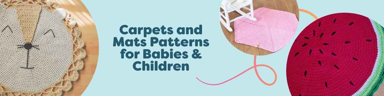 Crochet rugs, carpets, and play mats for babies and kids—animal faces, watermelon motif, and soft nursery colors.