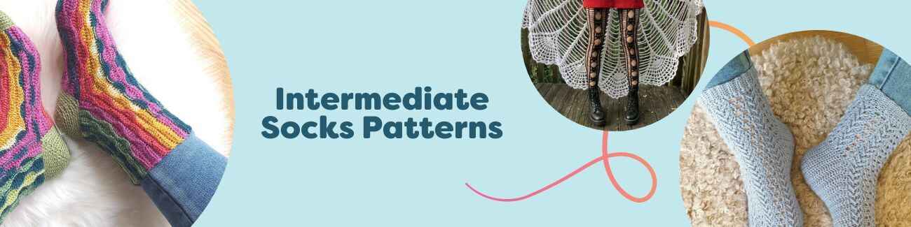 A grid of intermediate sock patterns for knitting and crochet from Hobbii, showing lace, cable, and colorwork socks in various lengths and yarn weights.