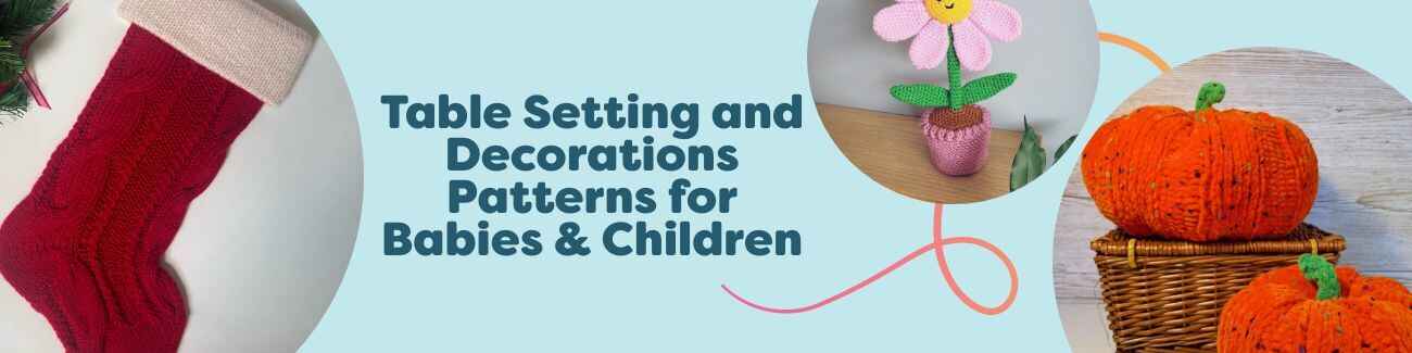 Collection of crochet table settings and holiday decorations for babies and children, featuring Christmas stockings, pumpkin centerpieces, and a playful flowerpot from Hobbii.