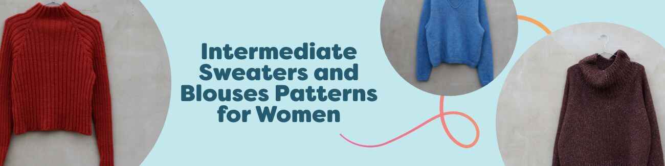 Assortment of women’s intermediate sweaters and blouses in knit and crochet, shown in varied textures and colors; free patterns from Hobbii.