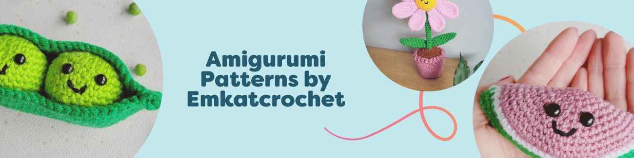 Four cute amigurumi crochet patterns by Emkatcrochet—peas in a pod, flowerpot, watermelon slice, and cherries—available at Hobbii.
