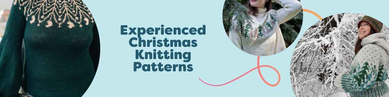 Experienced Christmas knitting patterns from Hobbii: colorwork sweaters, hooded jacket, and Fair Isle dining set styled with festive yarns.
