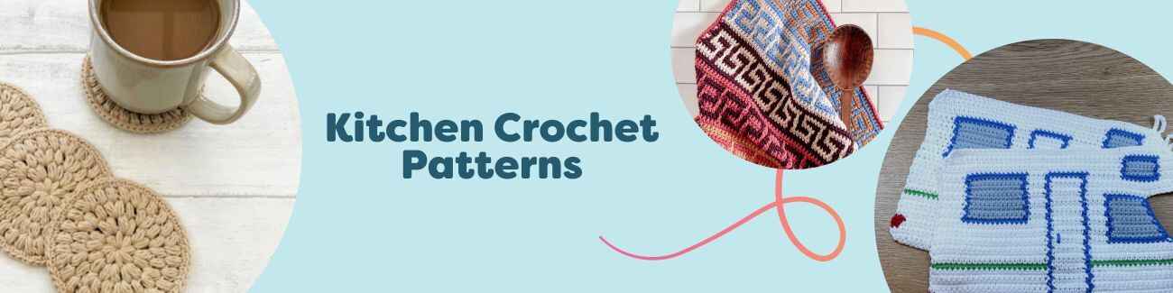 Assorted kitchen crochet projects—coasters, tea towel, potholders, washcloths, and a trivet—made with Hobbii cotton yarns on a countertop.