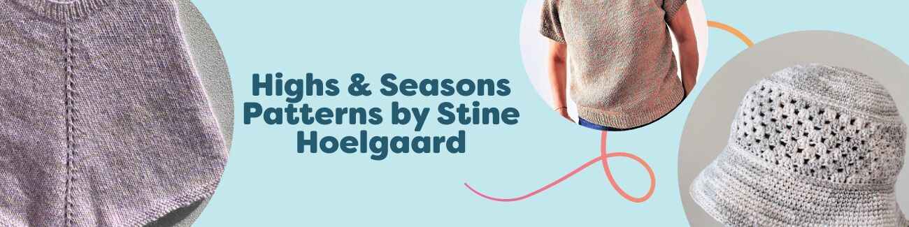 Assortment of Stine Hoelgaard’s Highs & Seasons patterns—ponchos, short-sleeve tees, and hats—styled in seasonal colors with coordinating Hobbii yarn.