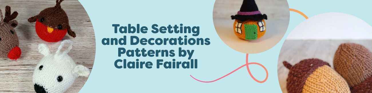 Crochet table decorations by Claire Fairall: tweedy and candy pumpkins, autumn acorns, Rudolf ornaments, and a pumpkin house styled on a festive table.