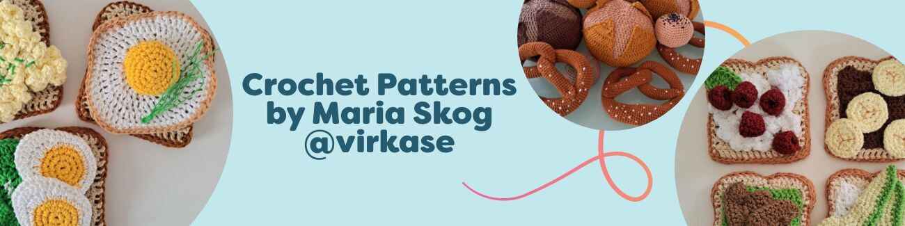 Selection of Maria Skog (@virkase) crochet food patterns—bread, toast, eggs, vegetables—available at Hobbii.