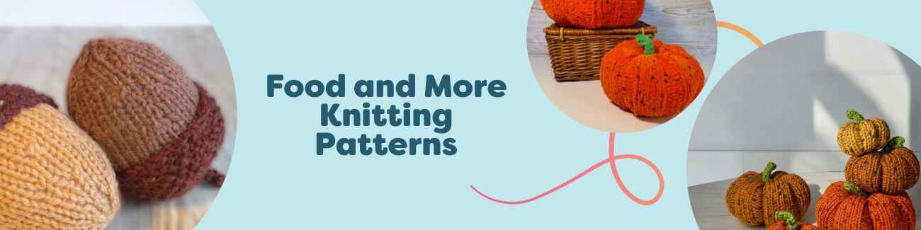 Assortment of free food-themed and fall knitting patterns from Hobbii, featuring pumpkins and acorns made in cozy tweed yarns.