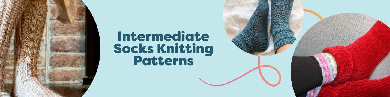 A selection of intermediate sock knitting patterns from Hobbii, featuring textured, cabled, and lace socks in various colors on a clean grid.