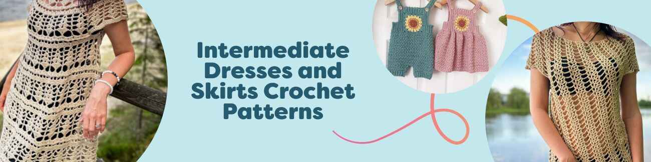 Models wearing handmade crochet dresses and skirts in intermediate designs from Hobbii, featuring lace textures, fitted and flared silhouettes, and seasonal colors.