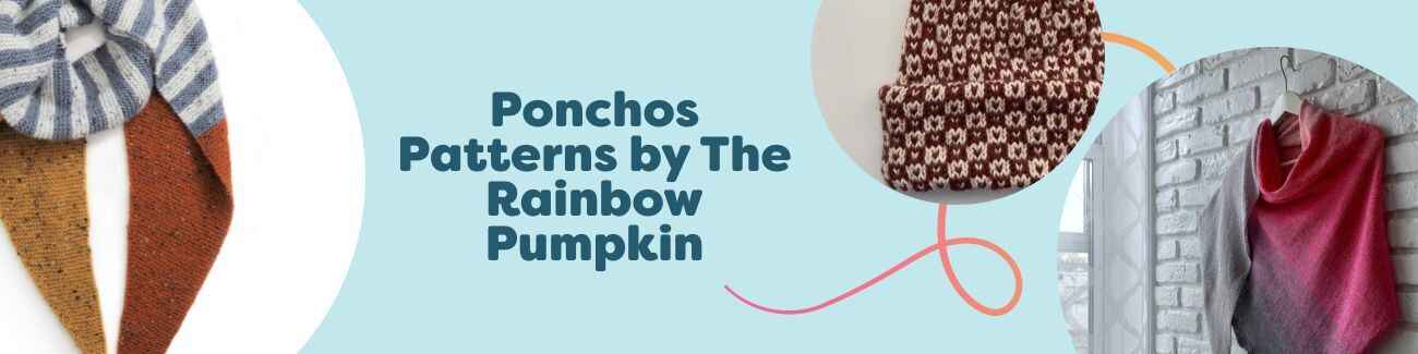Colorful The Rainbow Pumpkin poncho crochet patterns displayed with matching shawls, scarves, beanies, and bags, styled with Hobbii yarn.