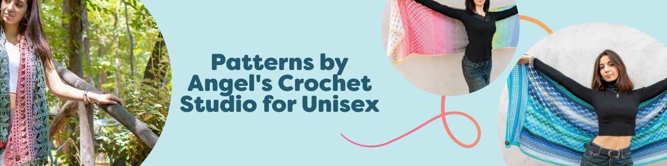 Angel's Crochet Studio unisex crochet patterns with shawls and scarves, including Mountain Muse, Rapunzel, Timeless Variations, Spellbound, and Twilight Whispers.