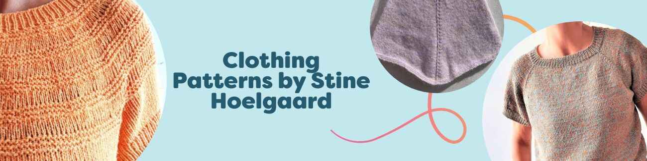 Stine Hoelgaard clothing patterns from Hobbii, featuring crochet and knit t-shirts, ponchos, and hats for adults and kids.