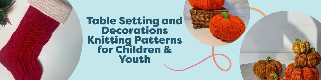 Knitted pumpkins and colorful Christmas stockings styled on a kid-friendly table setting, showcasing children and youth decor patterns from Hobbii.