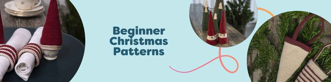 Hobbii collection of free beginner Christmas patterns for crochet and knitting: ornaments, Buddy the Snowman, Rudolf & Friends, and Danish julepynt in festive yarns.