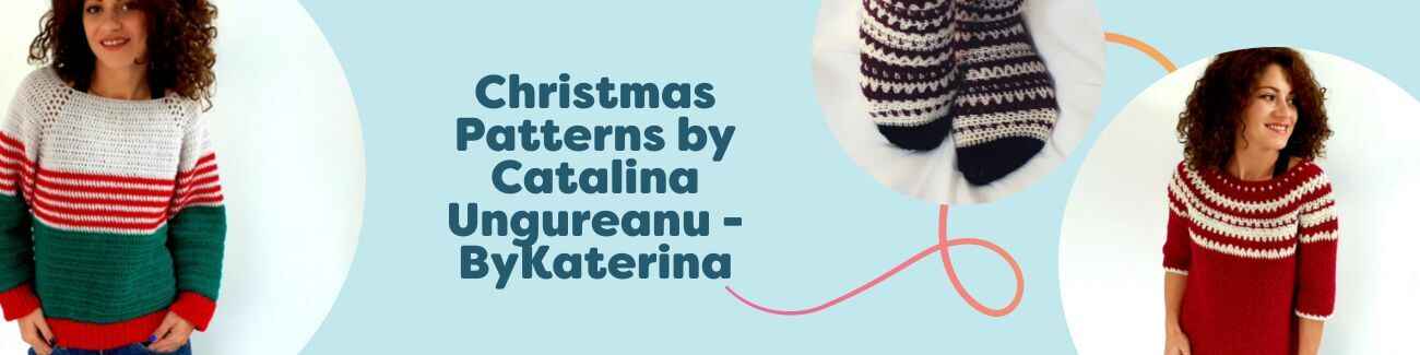 Christmas crochet patterns by Catalina Ungureanu (ByKaterina) featuring festive sweaters and socks in red, white, and green yarn from Hobbii.