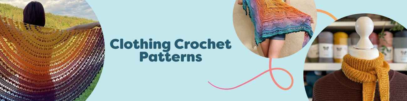 Clothing crochet patterns from Hobbii: shawls, scarves, and wearable projects displayed with coordinating yarn in soft, neutral tones.