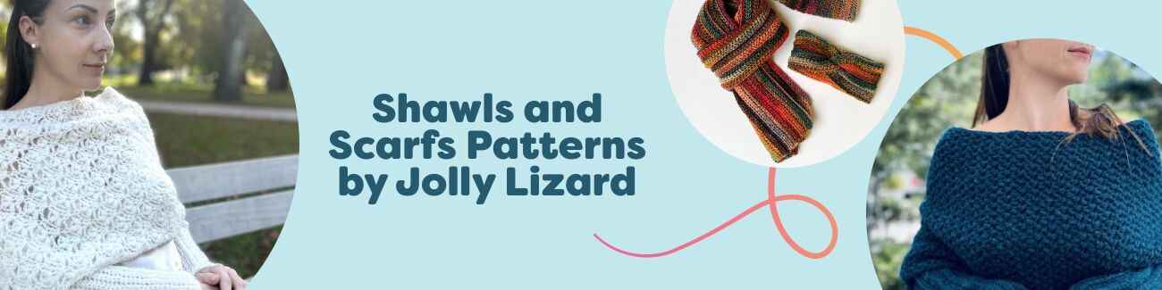 Selection of shawl and scarf crochet patterns by Jolly Lizard on Hobbii, featuring sweater scarves, a men’s tartan scarf, and a cozy set with beanie and headband.