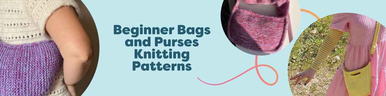 Beginner-friendly knitted bags and purses from Hobbii: simple tote, crossbody, market, and boxy bag patterns shown in soft yarns.