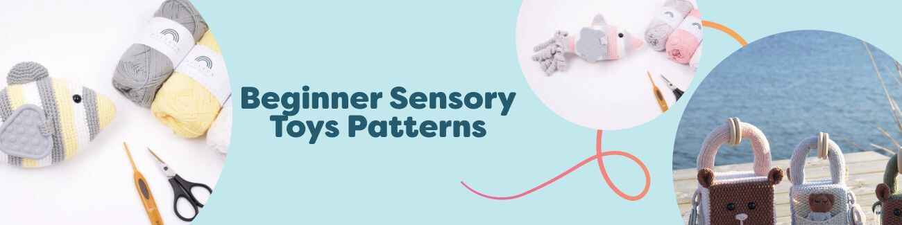 Free beginner sensory toy patterns collection from Hobbii featuring knitted and crochet designs like fish, rattles, activity cubes, and number toys.