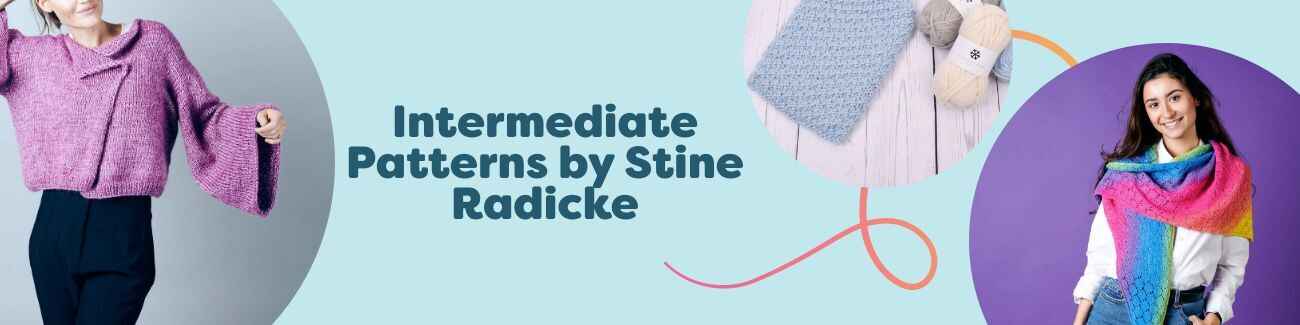 Intermediate knit and crochet patterns by Stine Radicke at Hobbii, featuring cardigans, shawls, sweaters, and accessories for confident makers.