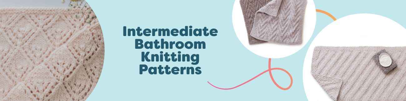 Flat lay of intermediate bathroom knitting patterns from Hobbii: chevron washcloth, hand towel, loop-stitch bath mat, dishcloth, and storage basket in soft cotton yarns.
