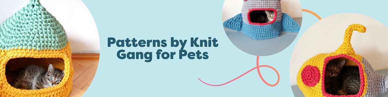 Five colorful crochet cat house patterns for pets by Knit Gang, made with Hobbii yarn; intermediate-friendly designs in varied shapes.