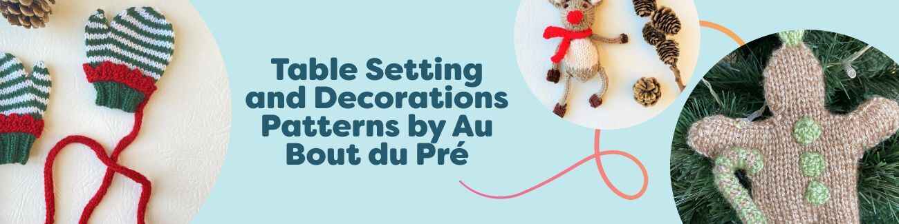 Holiday ornaments, stockings, and table decor crochet patterns by Au Bout du Pré, styled with Hobbii yarn in seasonal colors.
