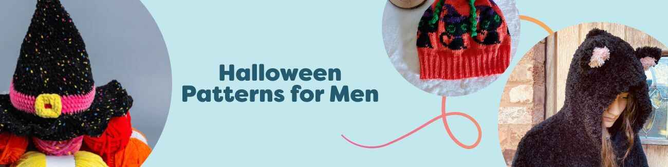 Collection image for Hobbii’s Halloween Patterns for Men: knit and intermediate crochet hats, a hooded cat cape, spider mitts, and pumpkin socks.