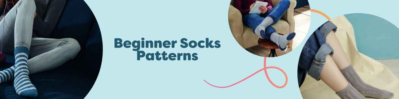 Free beginner sock patterns from Hobbii featuring striped, colorblock, and textured knit and crochet socks in ankle and crew lengths, shown with yarn and needles.