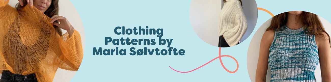 Selection of Maria Sølvtofte clothing patterns at Hobbii - knit sweaters, jumpers, tops, and a pillbox hat for knitters and crocheters.