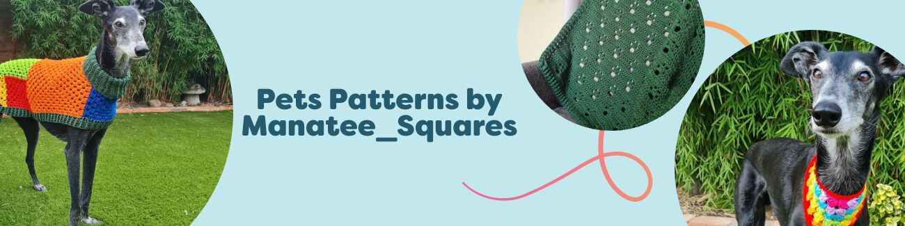 Pet-themed knit and crochet projects by Manatee_Squares: dog jumper, bandana, and a paw print blanket made with soft Hobbii yarn.