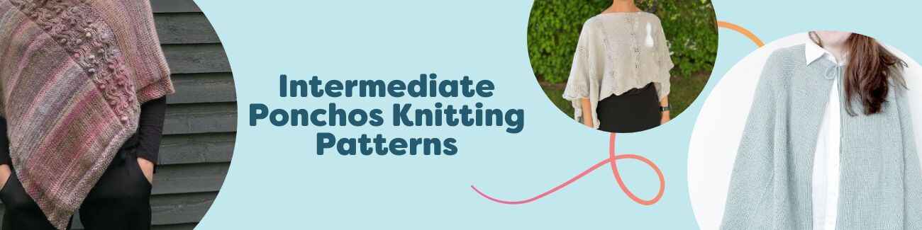 Curated selection of intermediate poncho knitting patterns from Hobbii, featuring modern knitted ponchos, capes, and wraps styled with yarn and needles.