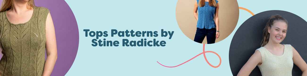 Collage of five crochet and knit summer top patterns by Stine Radicke for Hobbii, including Eva, Briza, Audrey, and Deep Back in light bamboo and Tencel blends.