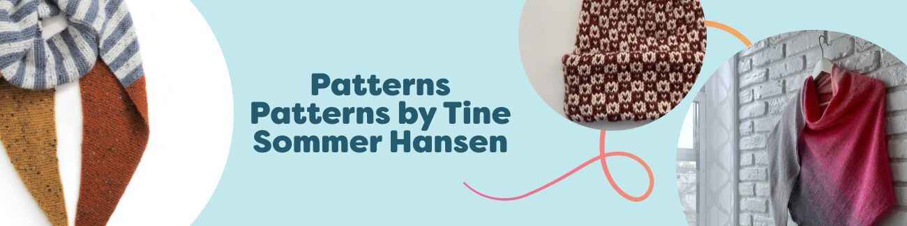 Knitted and crocheted accessories designed by Tine Sommer Hansen—scarves, beanies, shawls, and a tote bag—styled with Hobbii yarn.