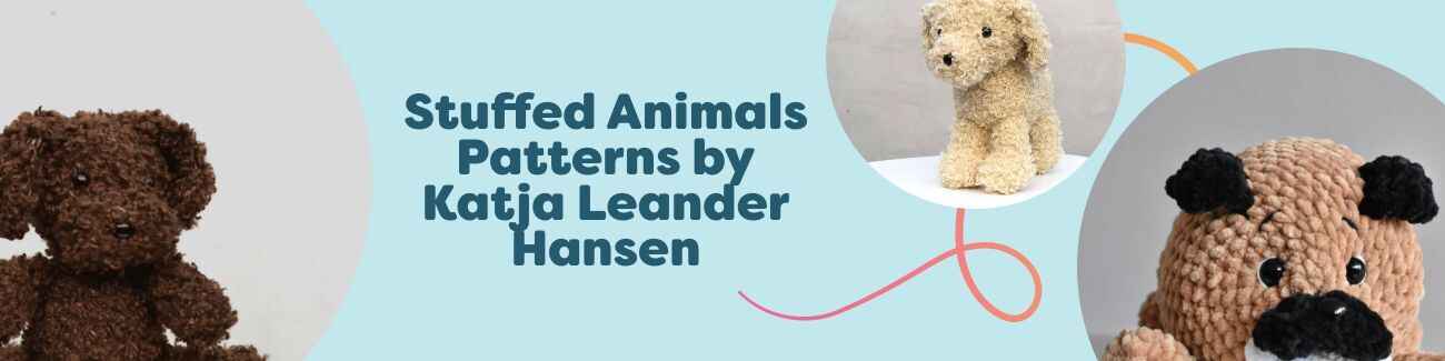 Collage of free stuffed animal crochet patterns by Katja Leander Hansen: Cavapoo, Doodle Dog, Muffin the Pug, Splashy the Frog, and Misse the Cat.
